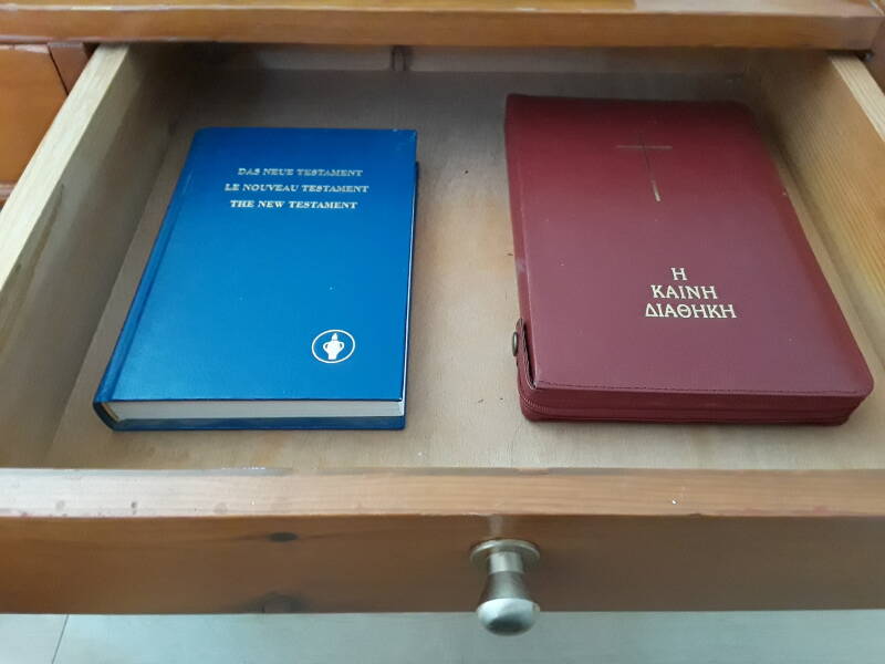 New Testaments in my room at the Villa Zacharo guesthouse in Skala, Patmos.
