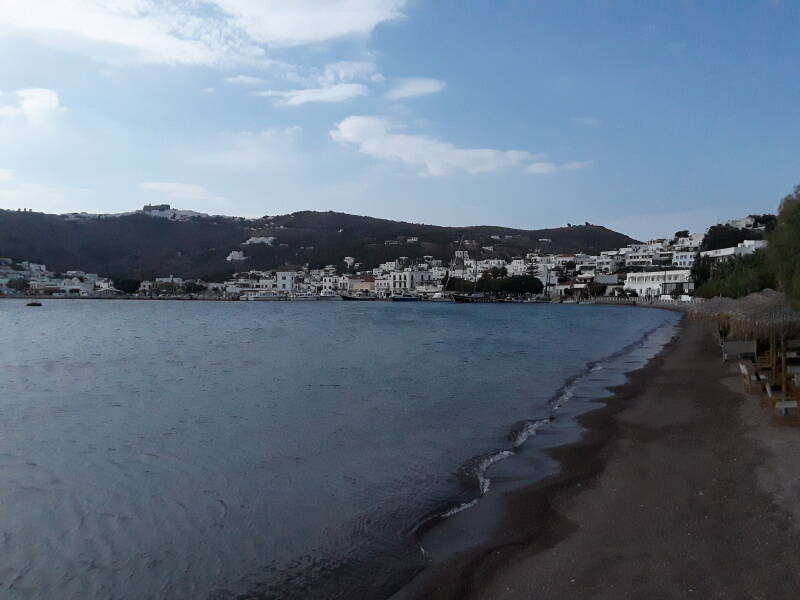 View across Patmos harbor to Skala, the Cave of the Apocalypse, and the Monastery of John the Theologian.