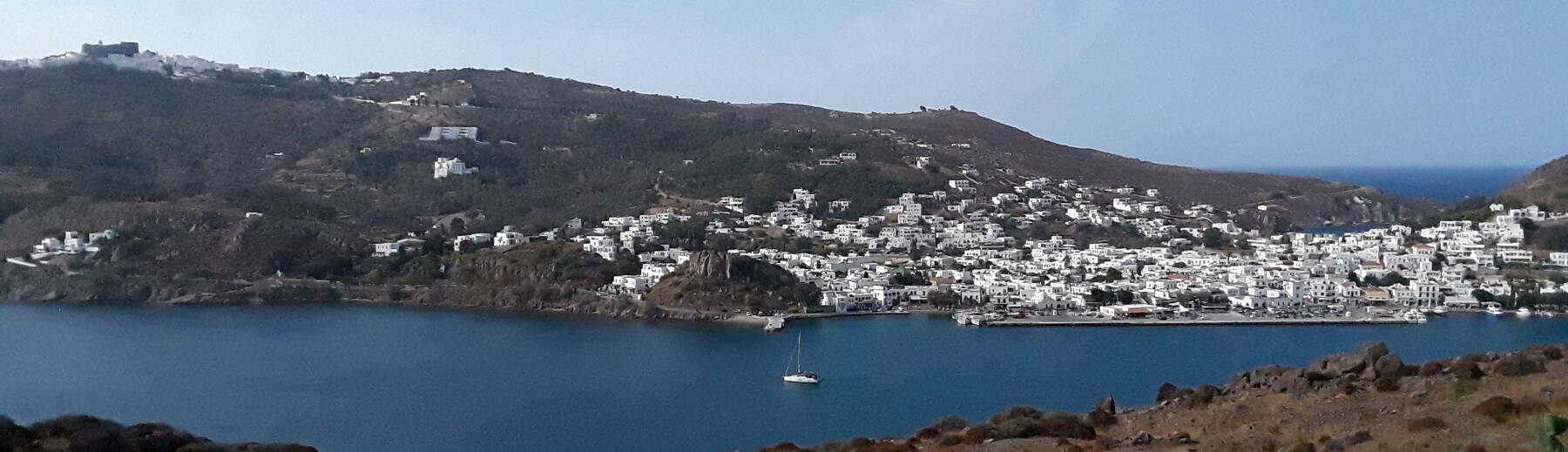Looking across Patmos harbor to the Cave of the Apocalypse and the Monastery of John the Theologian.