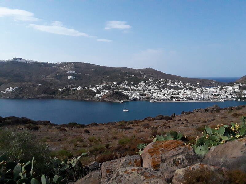 Patmos harbor with Skala, the Cave of the Apocalypse, and the Monastery of John the Theologian.