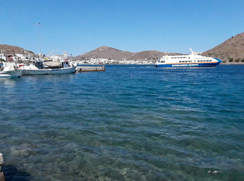 Small ferry leaving the harbor at Skala on Patmos.