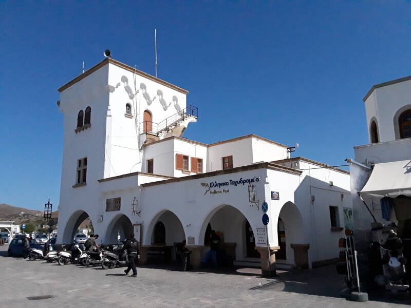 Post office and police station on the central square in Skala on Patmos.