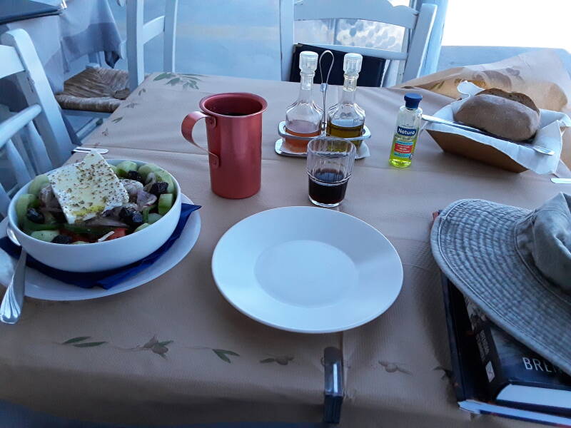 Greek salad and wine in Skala on Patmos.