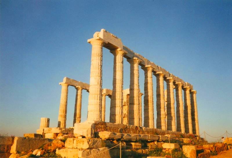 The Greek Temple of Poseidon at Cape Sounion near Athens overlooks the Saronic Gulf.