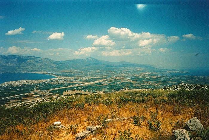 A view northeast from the summit of Akrokorinthos, over the Saronic Gulf toward Athens.