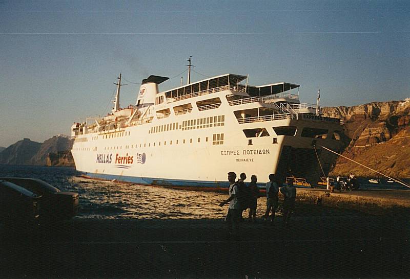 Greek ferry arriving in Santorini.