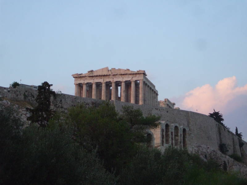 Sunset view of the Parthenon on the Acropolis in Athens.