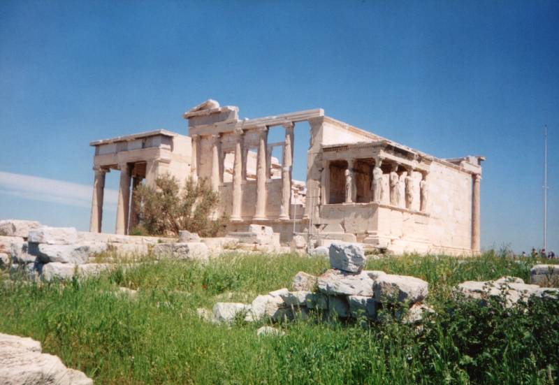 The Caryatids support the roof of the southern portico on the Erechtheion.