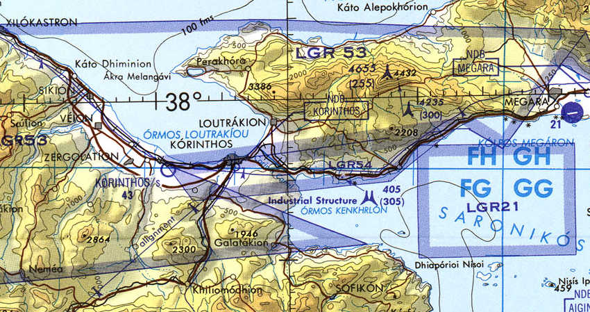 Aeronautical chart TPC G-3A showing Corinth and the Isthmus of the Peloponnese.