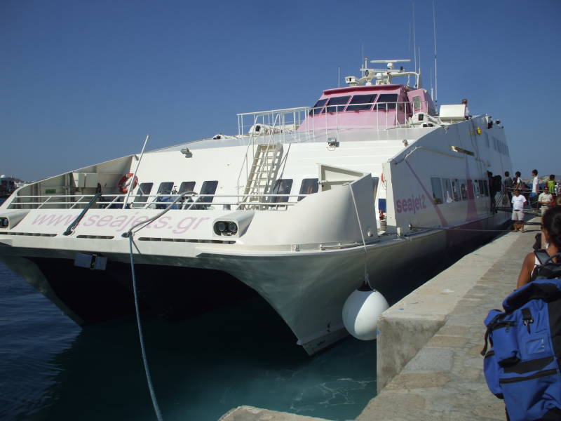 SeaJets ferry at the pier in Mykonos.
