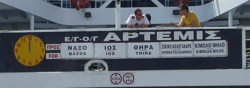 Board listing the stops of the ferry F/B Artemis.