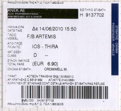 Ticket for the F/B Artemis, Ios to Thira.