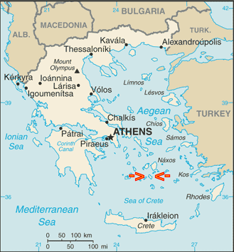 U.S. government map of Greece and the Greek islands, showing Mykonos.