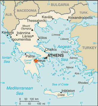 Map of Greece showing the ancient site of Mycenae.