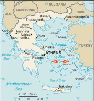 U.S. government map of Greece and the Greek islands, showing Mykonos.