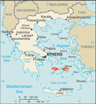U.S. government map of Greece and the Greek islands, showing Paros.