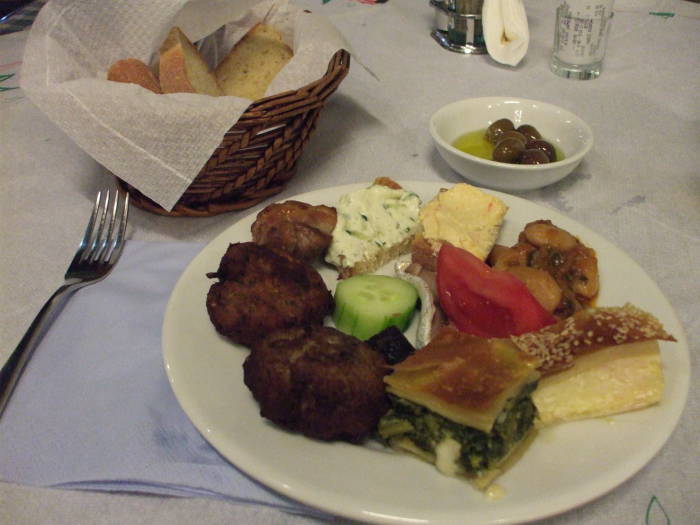 Mezes or appetizers in a Greek taverna in Nafplio.