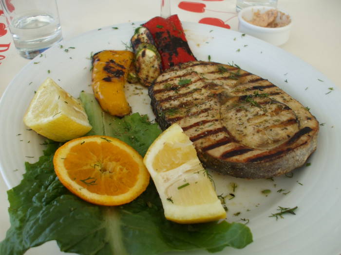 Grilled fish on the Greek island of Mykonos.