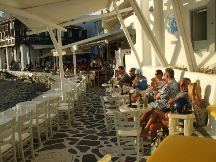 Cafes along the waterfront in the Little Venice district on the Greek island of Mykonos.
