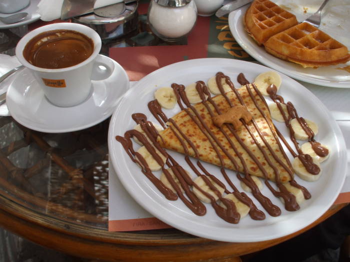 Chocolate crepes and Greek coffee at the Corner Crepes cafe on the Greek island of Santorini.