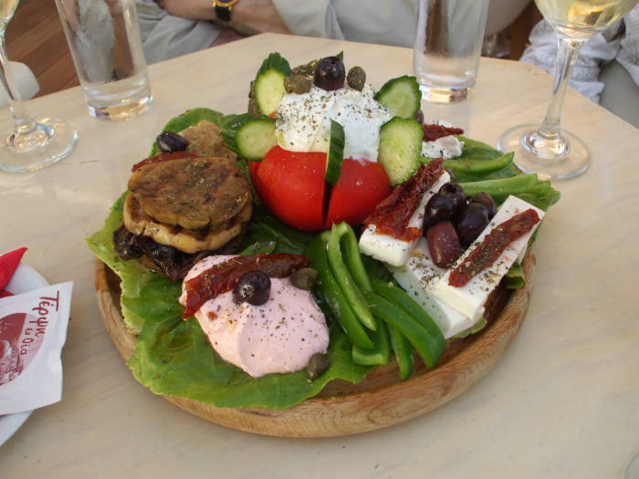 Mezes in a cafe overlooking the caldera on the Greek island of Santorini.