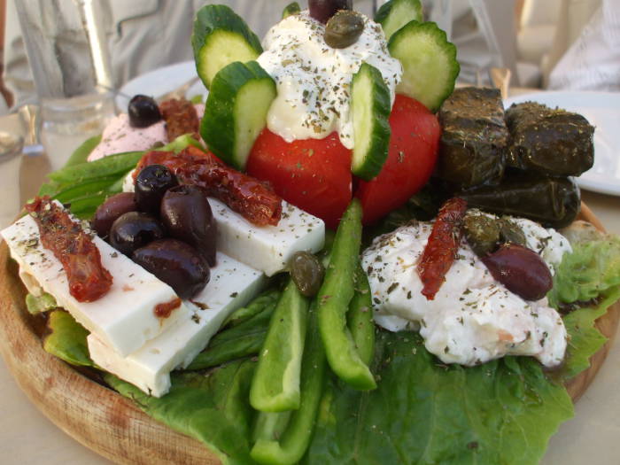 Mezes in a cafe overlooking the caldera on the Greek island of Santorini.