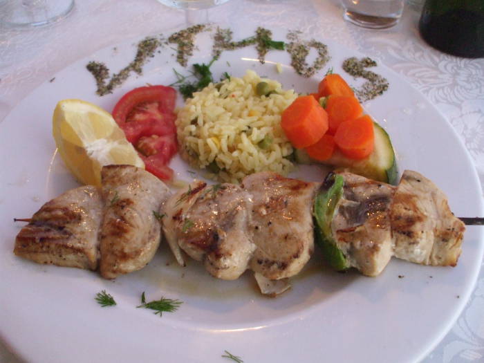 Grilled fish in a taverna on the Greek island of Santorini.
