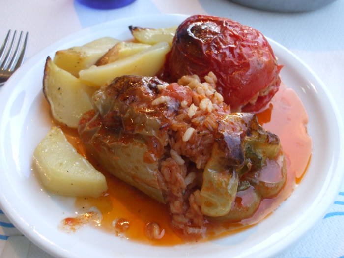 Dinner at a taverna in Thessaloniki: stuffed green pepper, tomato, and potatos.