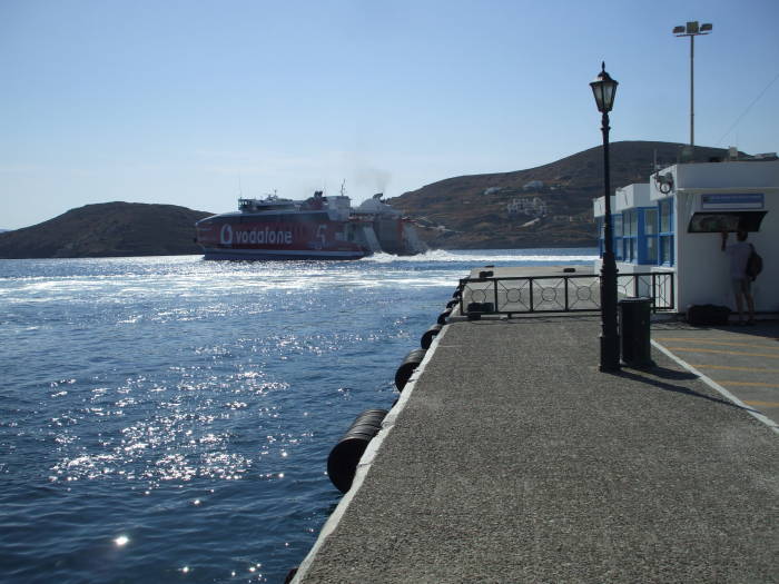The ferry pulls out of Ios port.