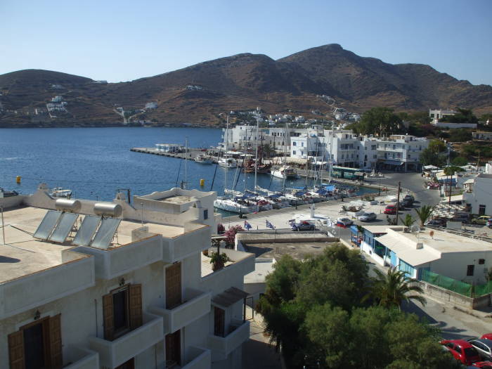 View of the harbor at Ormos, the port of Ios, from the Poseidon Hotel.