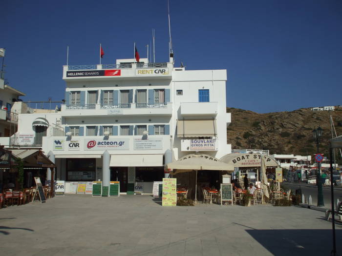 The port area and ferry ticket office on Ios island.