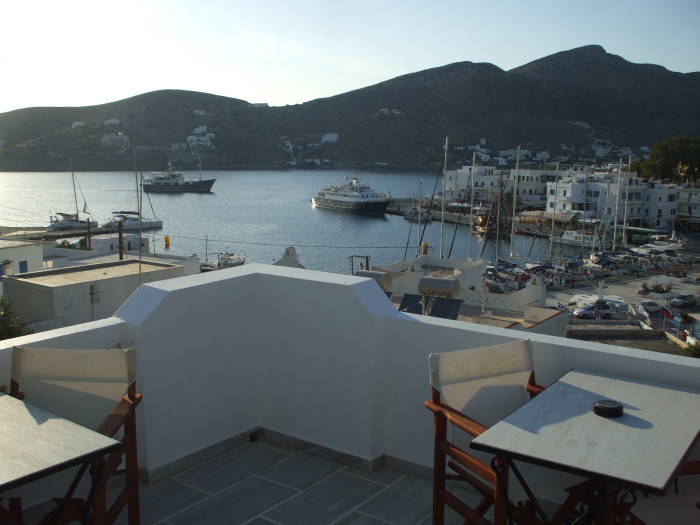 View over the harbor of Ios island in the evening, from Poseidon Hotel.