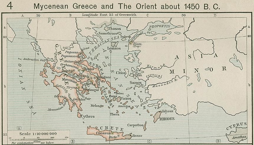 Map of Mycenean Greece and The Orient about 1450 B.C. from Shepherd's atlas.