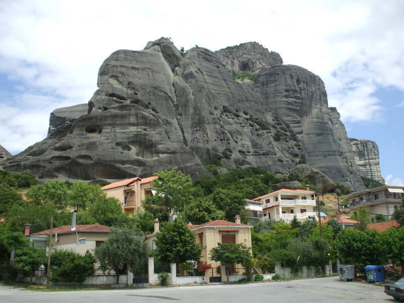 Sandstone rock pinnacles of Meteora over the village of Kastraki.