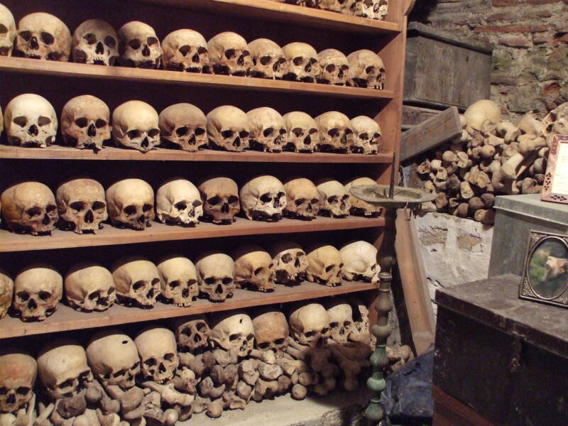 Skulls and bones of Greek Orthodox monks in the monastery Moni Megalou Meteorou in Meteora.  You can check out any time you like, but you can never leave.