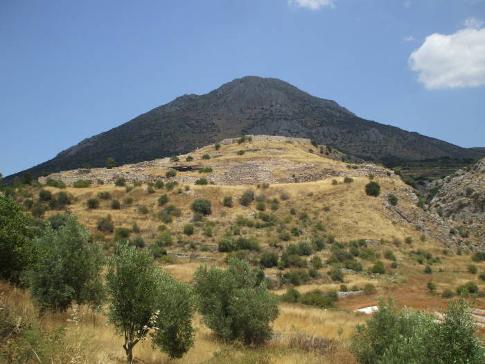 The ancient site of Mycenae below Mount Agios Ilias (750m) and Mount Zara (600m).
