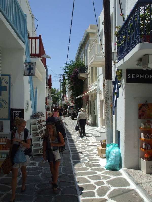 Walking south on Matogianni, the main street south through Hora on Mykonos.