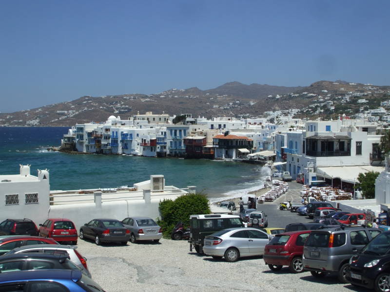Looking down from the windmills above Alefkandra toward Little Venice, on the west side of Hora, on Mykonos.