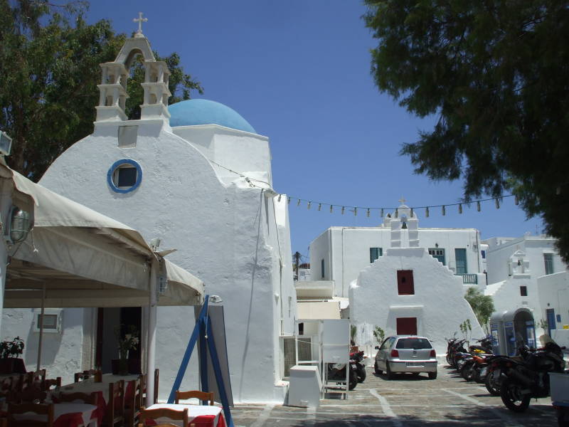 Two churches near Little Venice, on the west side of Hora, on Mykonos.