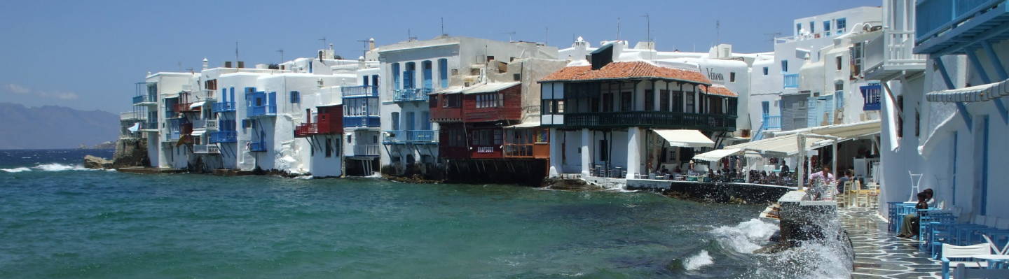 Little Venice and its row of seaside restaurants is on the west side of Hora on the Greek island of Mykonos.
