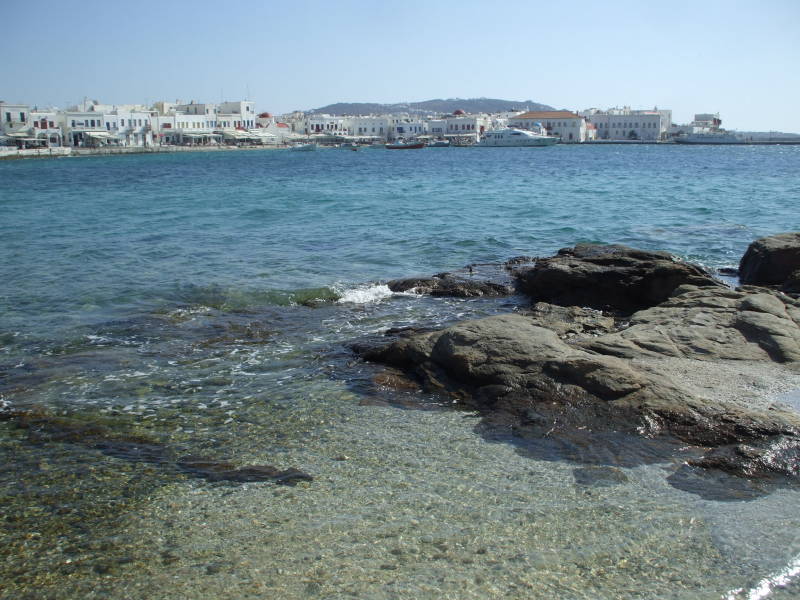 The harbor and waterfront cafes on Mykonos.