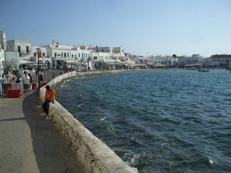 The harbor and waterfront cafes on Mykonos.