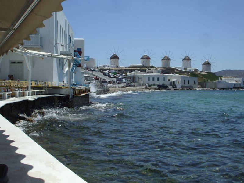 Looking up toward the windmills from Little Venice, on the west side of Hora, on Mykonos.