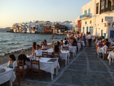 Waterfront dining watching the sunset on Mykonos.