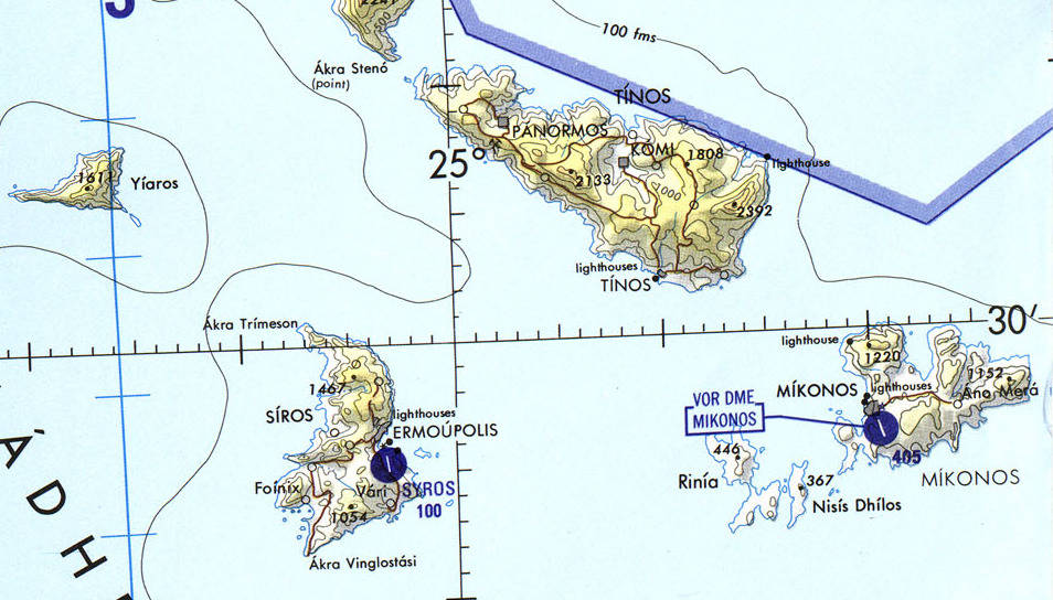 Aeronautical chart of the Aegean Sea, cropped to show Mykonos.