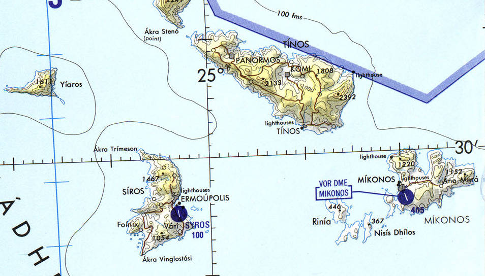 Aeronautical chart of the Aegean Sea, cropped to show Mykonos.