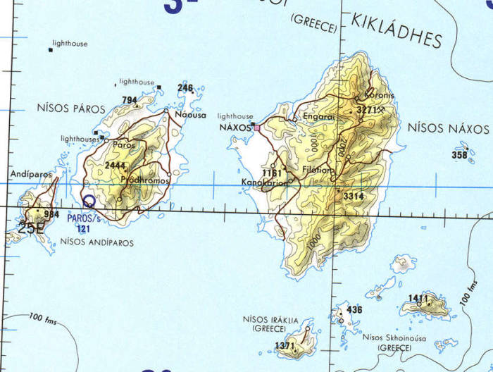 Tactical Pilotage Chart G-3B showing Naxos, Paros, and surrounding smaller islands.