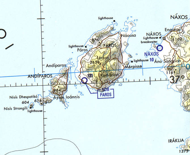 Aeronautical chart of the Aegean Sea, cropped to show Paros.
