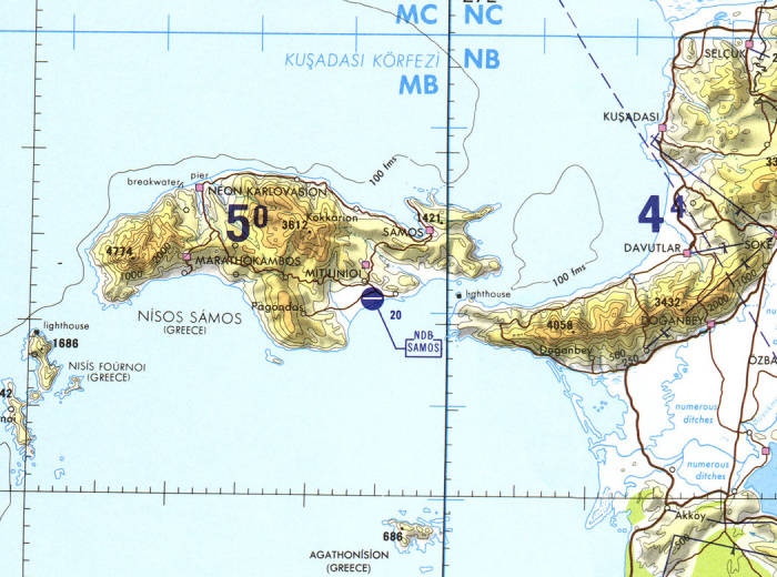 Map of Samos: U.S. military TPC G-3B from http://lib.utexas.edu/.