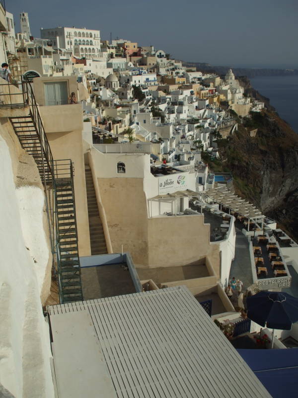 The town of Fira on the cliffs above the caldera of the Greek island of Santorini.